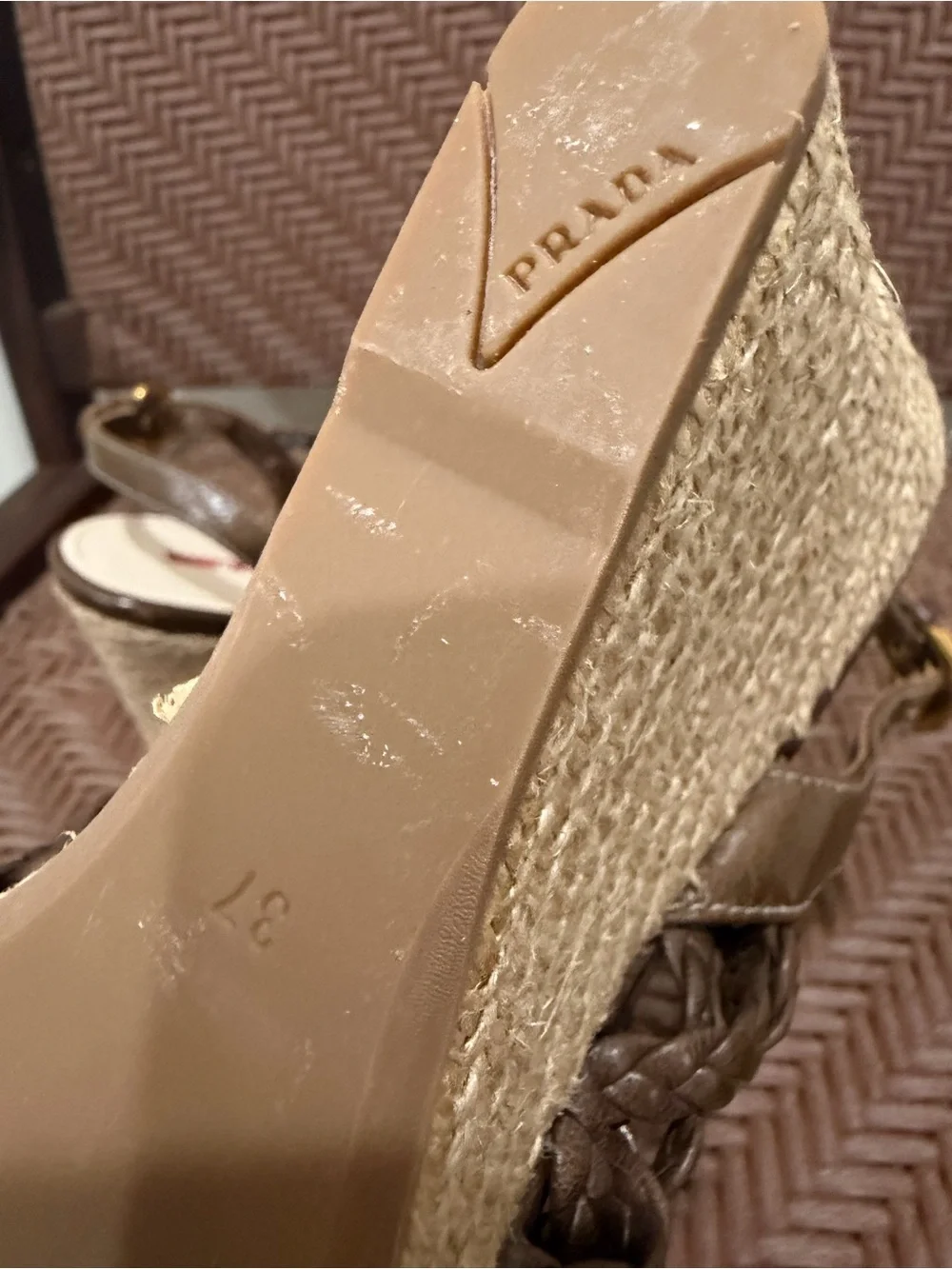 New Prada Brown Braided Espadrille Wedge Sandals